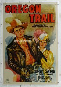 f433 OREGON TRAIL linen one-sheet movie poster '45 Sunset Carson with gun!