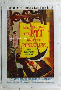 f439 PIT & THE PENDULUM linen one-sheet movie poster '61 horror art!