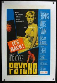 f444 PSYCHO linen one-sheet movie poster R65 Leigh, Perkins, Hitchcock