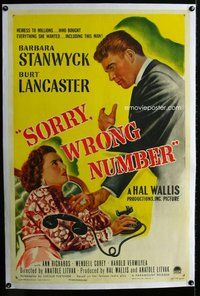 f462 SORRY WRONG NUMBER linen one-sheet movie poster '48 Lancaster, Stanwyck