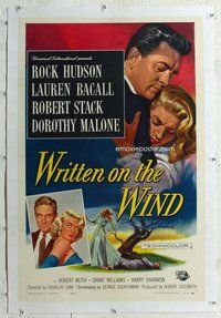 f504 WRITTEN ON THE WIND linen one-sheet movie poster '56 Rock Hudson, Bacall