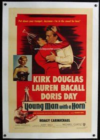 f508 YOUNG MAN WITH A HORN linen one-sheet movie poster '50 Douglas, Bacall