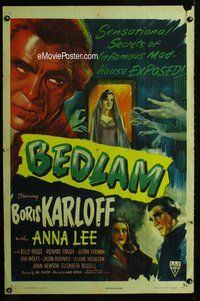 g063 BEDLAM one-sheet movie poster '46 Boris Karloff, Anna Lee, horror!