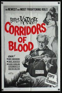 g142 CORRIDORS OF BLOOD one-sheet movie poster '63 Boris Karloff, Chris Lee