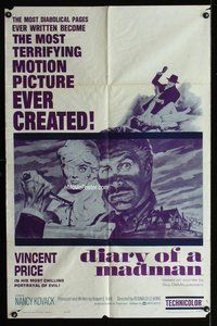 g169 DIARY OF A MADMAN one-sheet movie poster '63 Vincent Price, horror!