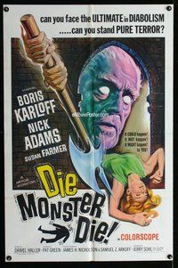 g171 DIE MONSTER DIE one-sheet movie poster '65 Boris Karloff, AIP horror!