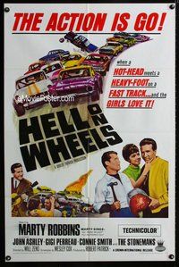 g307 HELL ON WHEELS one-sheet movie poster '67 stock car, Marty Robbins!