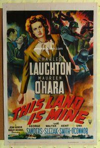 g640 THIS LAND IS MINE one-sheet movie poster '43 Maureen O'Hara, Renoir