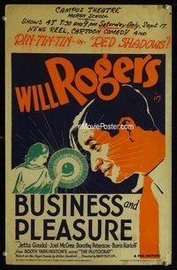 k291 BUSINESS & PLEASURE window card movie poster '31 Will Rogers, cool image!
