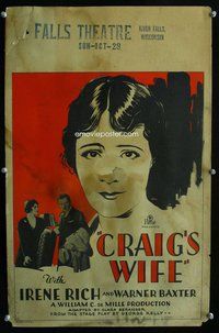 k316 CRAIG'S WIFE window card movie poster '28 Hill artwork of Irene Rich!