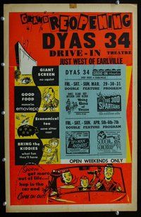 k353 GRAND REOPENING DYAS 34 window card movie poster '60s drive-in theatre!