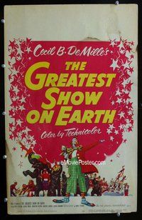 k359 GREATEST SHOW ON EARTH window card movie poster '52 DeMille, Stewart