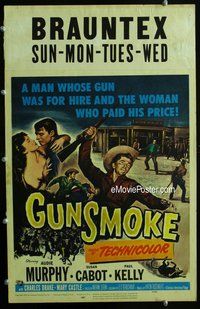 k362 GUNSMOKE window card movie poster '54 Audie Murphy, Susan Cabot