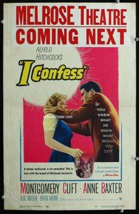 k371 I CONFESS window card movie poster '53 Alfred Hitchcock, Montgomery Clift