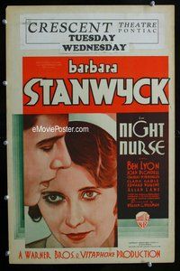 k414 NIGHT NURSE window card movie poster '31 young Barbara Stanwyck, Lyon