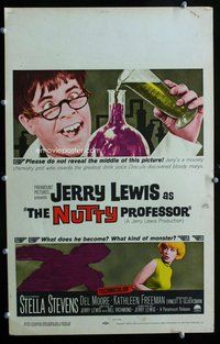 k417 NUTTY PROFESSOR window card movie poster '63 Jerry Lewis, Stella Stevens