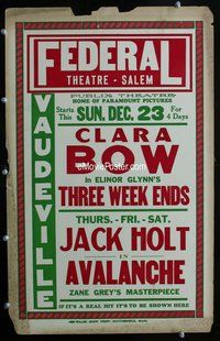 k478 THREE WEEKENDS/AVALANCHE local theater window card movie poster '28