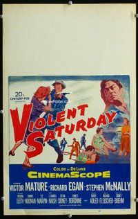 k490 VIOLENT SATURDAY window card movie poster '55 Victor Mature, Fleischer