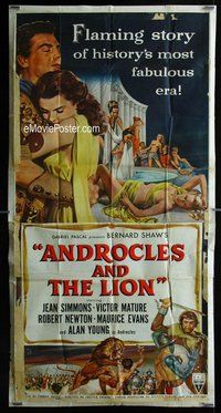 n291 ANDROCLES & THE LION three-sheet movie poster '52 Jean Simmons, Young