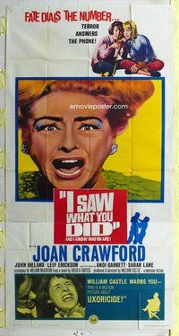 n398 I SAW WHAT YOU DID three-sheet movie poster '65 Joan Crawford, Ireland