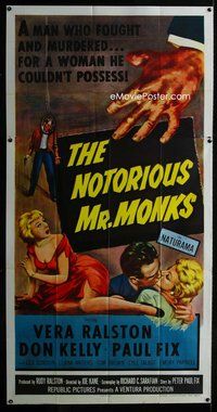n048 NOTORIOUS MR MONKS three-sheet movie poster '58 Vera Ralston