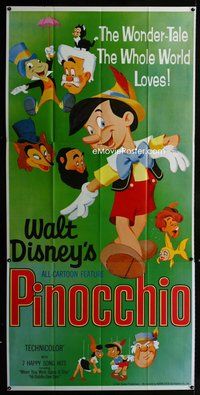 n050 PINOCCHIO three-sheet movie poster R62 Walt Disney classic cartoon!