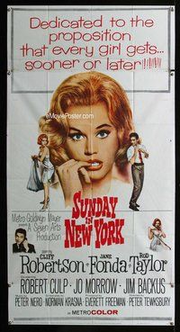 n536 SUNDAY IN NEW YORK three-sheet movie poster '64 Jane Fonda, Rod Taylor