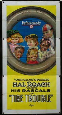 n565 TIRE TROUBLE three-sheet movie poster '24 Hal Roach, Our Gang stone litho!