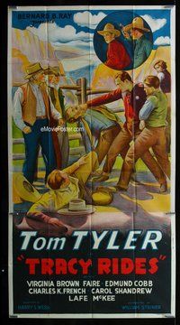 n576 TRACY RIDES three-sheet movie poster '35 cool Tom Tyler stone litho!