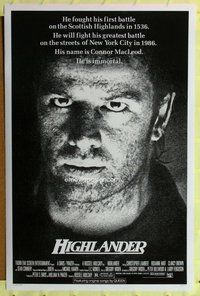p180 HIGHLANDER one-sheet movie poster '86 Christopher Lambert close up!