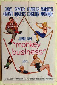p040 MONKEY BUSINESS one-sheet movie poster '52 Grant, Rogers, Monroe