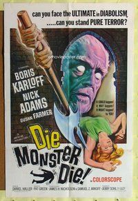 s199 DIE MONSTER DIE one-sheet movie poster '65 Boris Karloff, AIP horror!