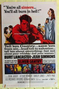 s213 ELMER GANTRY one-sheet movie poster '60 Burt Lancaster, Jean Simmons