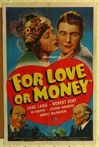 s233 FOR LOVE OR MONEY one-sheet movie poster '39 June Lang, Robert Kent