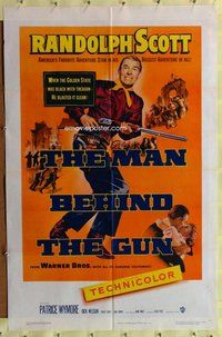 s415 MAN BEHIND THE GUN one-sheet movie poster '52 Randolph Scott w/rifle!