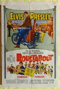 s613 ROUSTABOUT one-sheet movie poster '64 Elvis Presley on motorcycle!