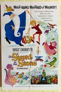 s710 SWORD IN THE STONE one-sheet movie poster '64 Disney, King Arthur!