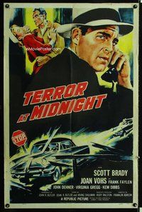 s723 TERROR AT MIDNIGHT one-sheet movie poster '56 Scott Brady film noir!
