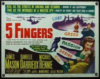 z632 5 FINGERS half-sheet movie poster '52 James Mason, World War II spies!