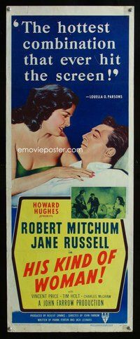 z167 HIS KIND OF WOMAN insert movie poster '51 Mitchum, Jane Russell
