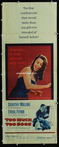 z388 TOO MUCH TOO SOON insert movie poster '58 Errol Flynn, Malone