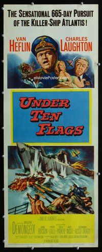 z400 UNDER TEN FLAGS insert movie poster '60 Heflin, Charles Laughton
