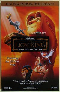 a102 LION KING video one-sheet movie poster R03 first time ever on DVD!