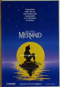 a105 LITTLE MERMAID teaser DS 1sh '89 Disney, great cartoon image of Ariel in moonlight!