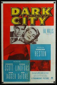 b184 DARK CITY one-sheet movie poster '50 1st Charlton Heston, film noir!