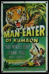 b300 MAN-EATER OF KUMAON one-sheet movie poster '48 Sabu, cool tiger image!