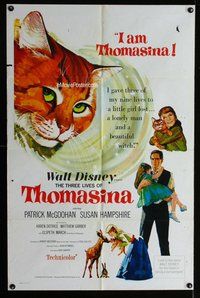b493 THREE LIVES OF THOMASINA one-sheet movie poster '64 Walt Disney cat!