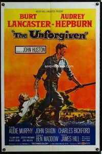 b517 UNFORGIVEN one-sheet movie poster '60 Burt Lancaster, Hepburn
