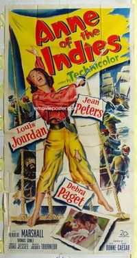 f023 ANNE OF THE INDIES three-sheet movie poster '51 pirate Jean Peters!