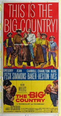 f034 BIG COUNTRY three-sheet movie poster '58 Gregory Peck, Charlton Heston